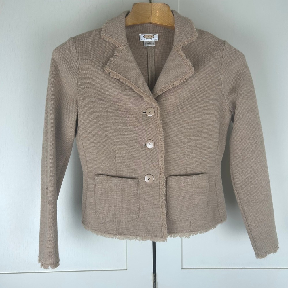 Vintage Talbots Blazer Womens Small Petite Tan Merino Wool Fringe Trim Academia